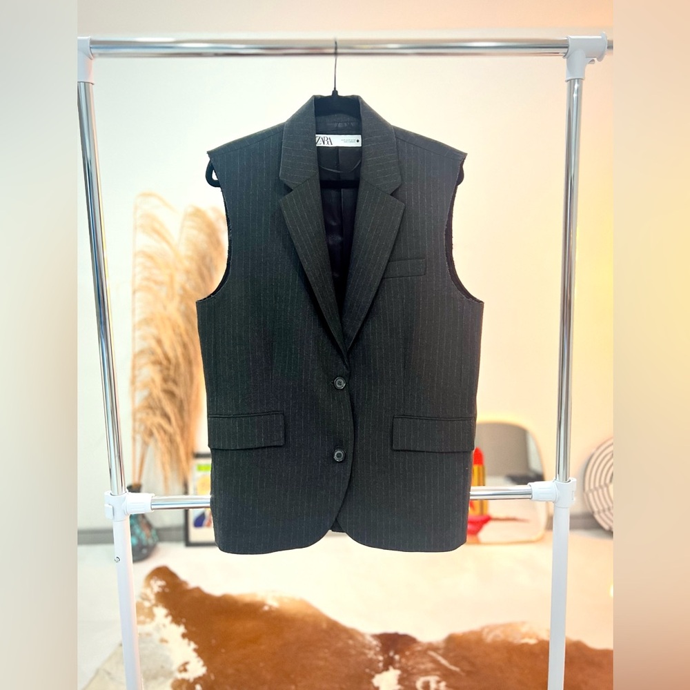 Zara Oversized Pinstripe Dark Grey Waistcoat Sz XS